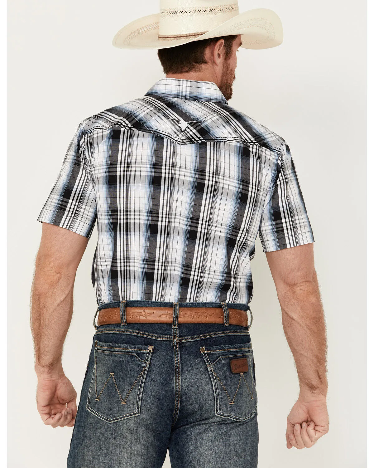 Product Name:  Cowboy Hardware Men's Hermosillo Gradient Plaid Print Short Sleeve Pearl Snap Western Shirt