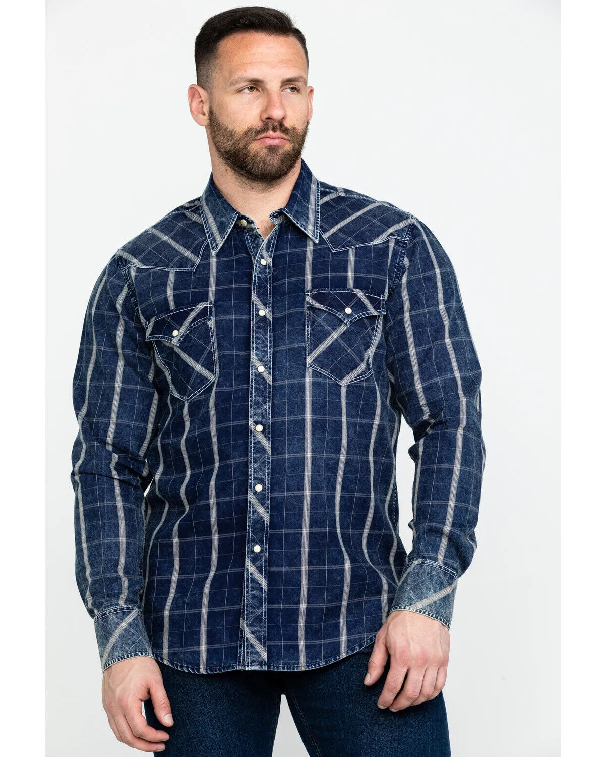 Product Name:  Rock & Roll Denim Men's Crinkle Plaid Long Sleeve Western Shirt