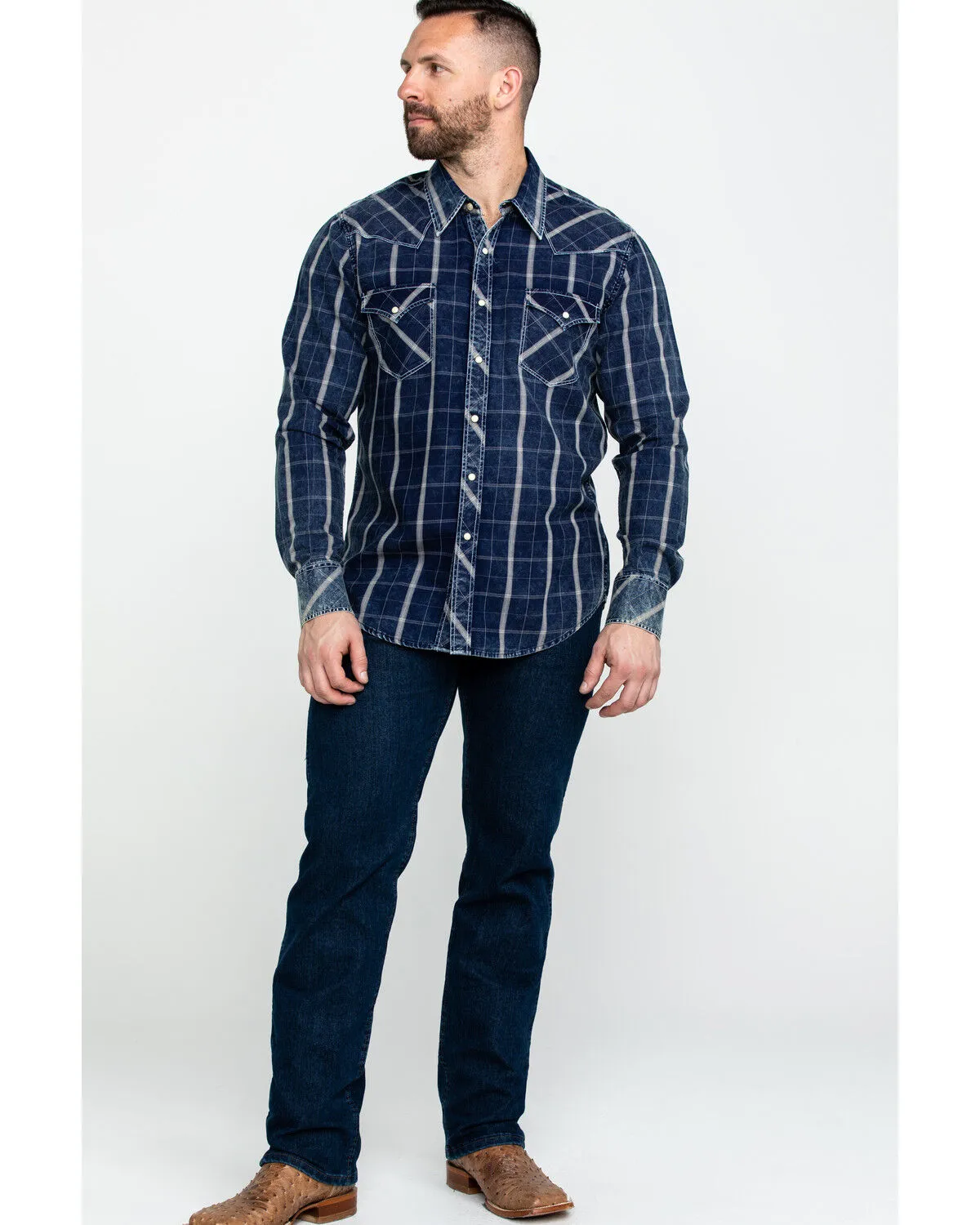 Product Name:  Rock & Roll Denim Men's Crinkle Plaid Long Sleeve Western Shirt