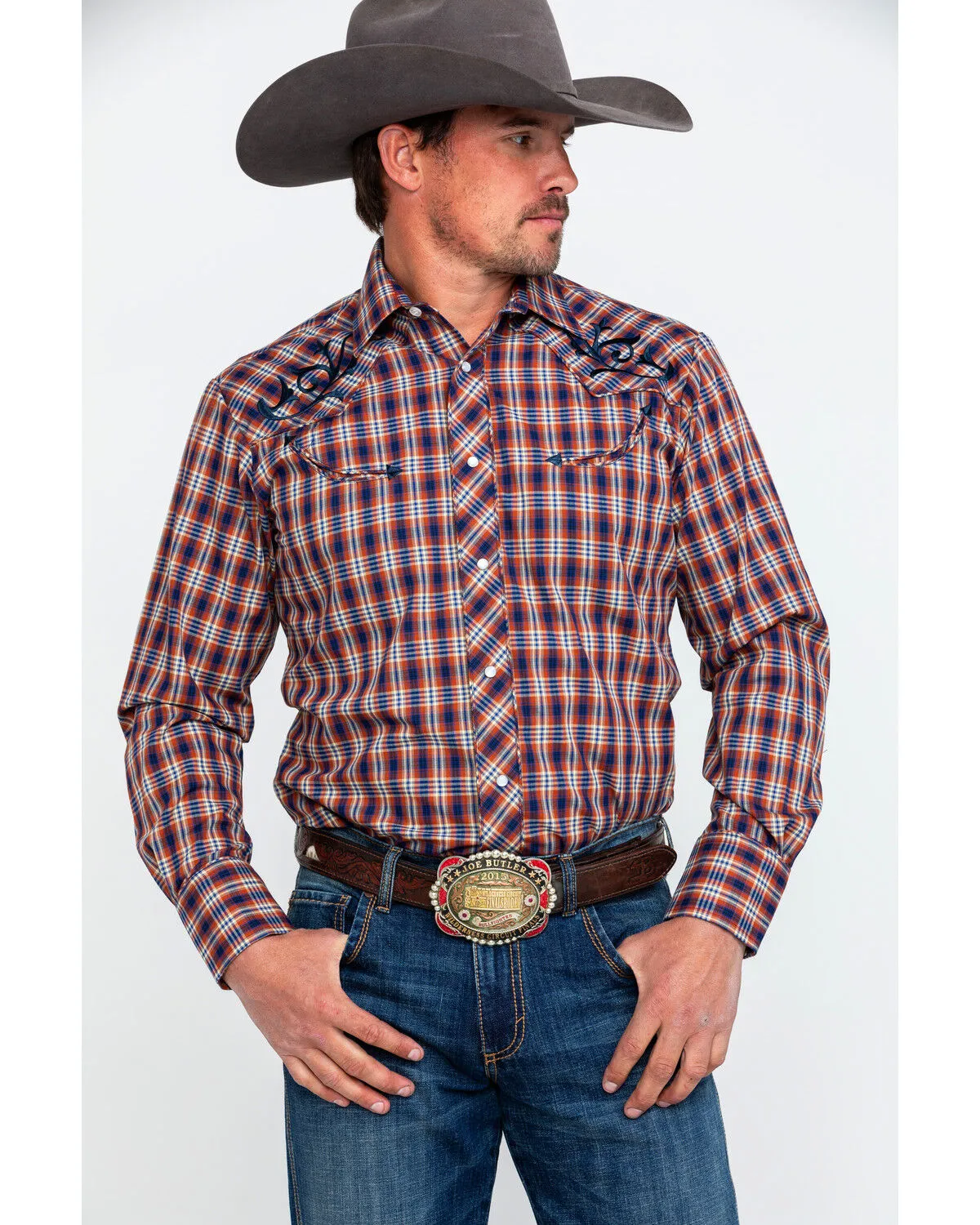 Product Name:  Roper Men's Fancy Small Plaid Embroidered Long Sleeve Western Shirt