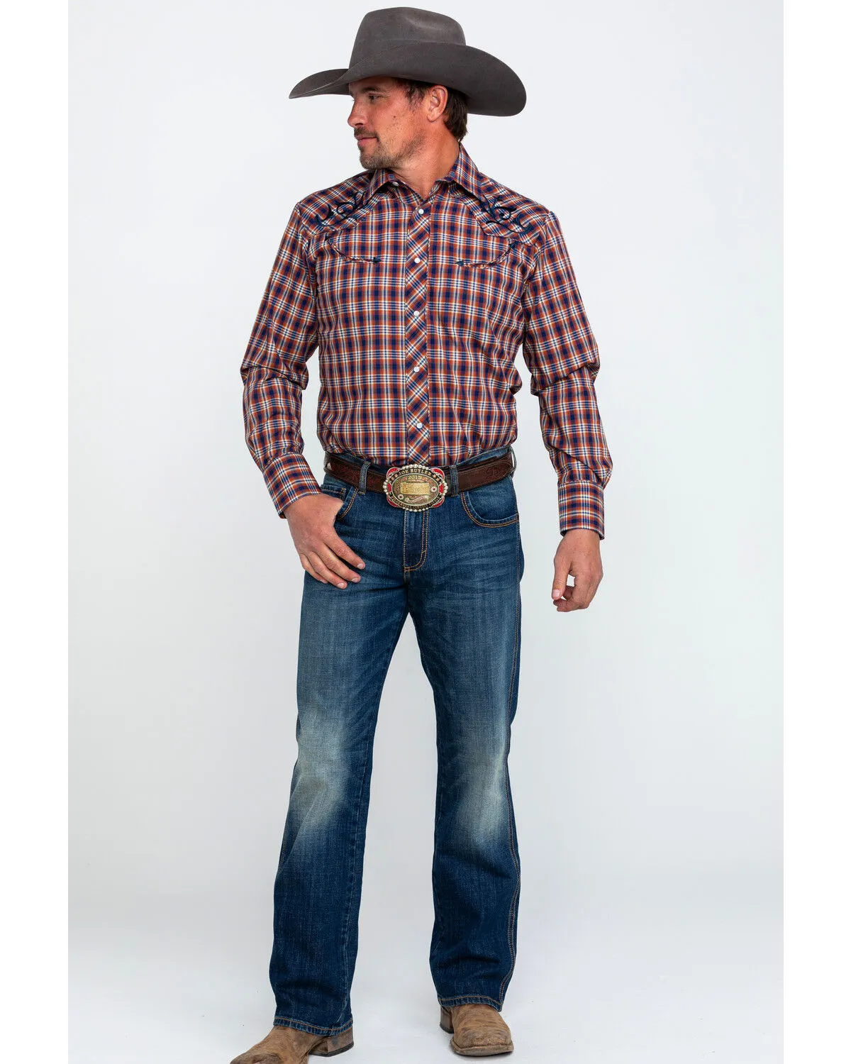 Product Name:  Roper Men's Fancy Small Plaid Embroidered Long Sleeve Western Shirt