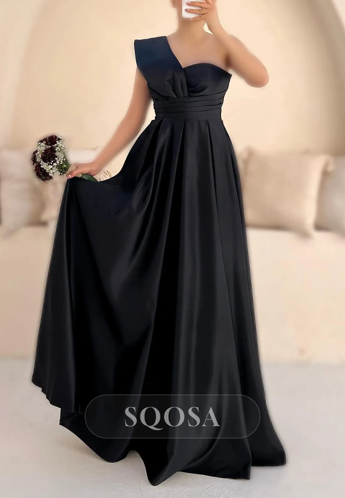 Satin A-Line One Shoulder Ruched Party Prom Evening Dress QP3556