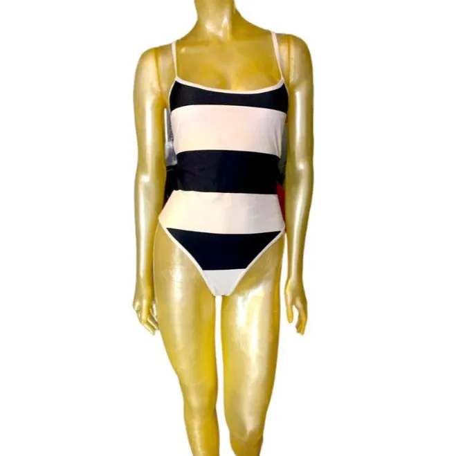 Striped round neck one piece swimsuit