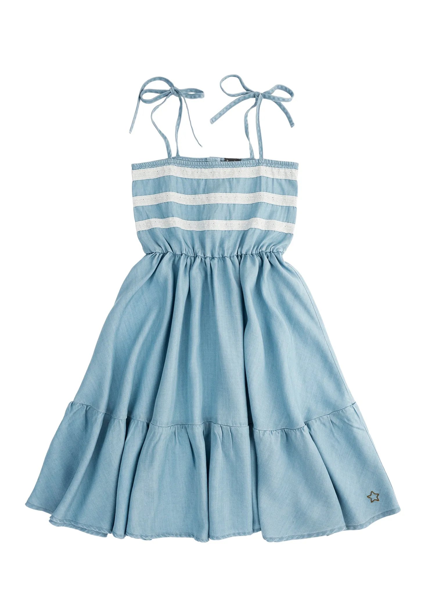 tocoto vintage Chambray and Lace Midi Girls Dress in Blue