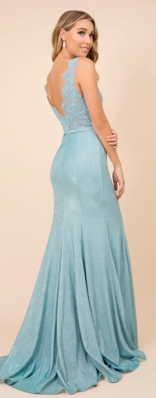 V neck Split Skirt Long Prom Dress with Lace Top