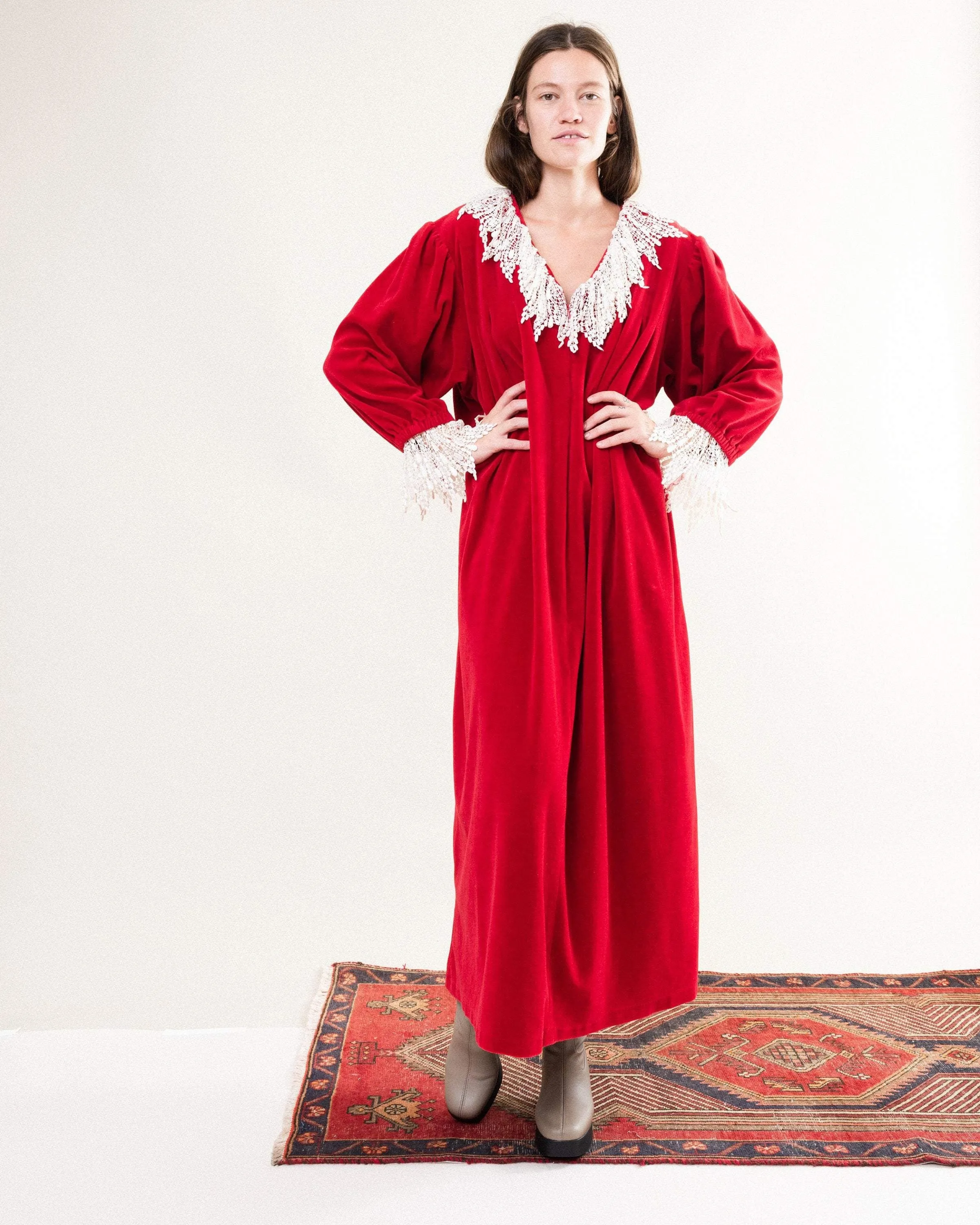 Vintage Cherry Red Velour Maxi Kaftan Dress (S-L)