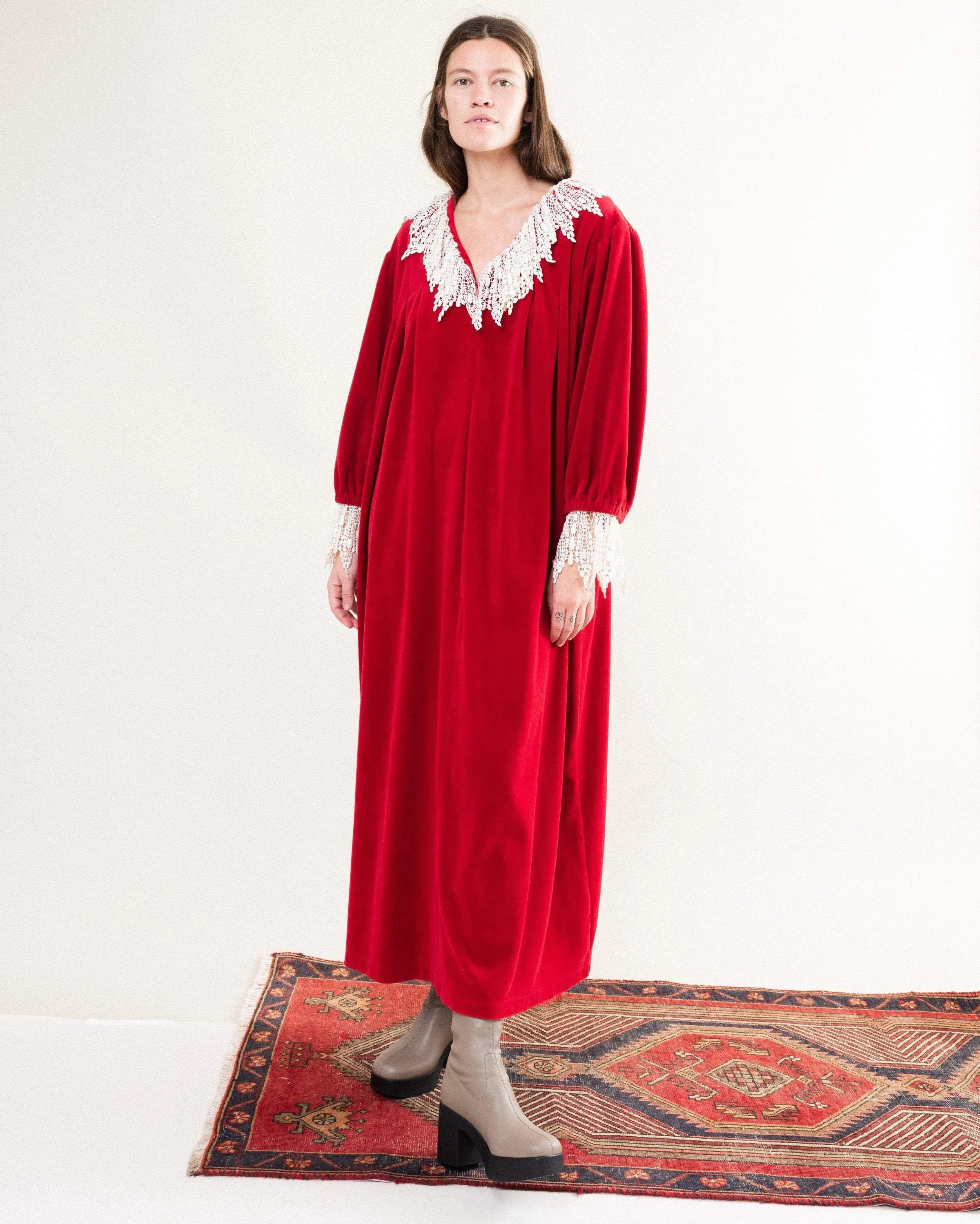 Vintage Cherry Red Velour Maxi Kaftan Dress (S-L)