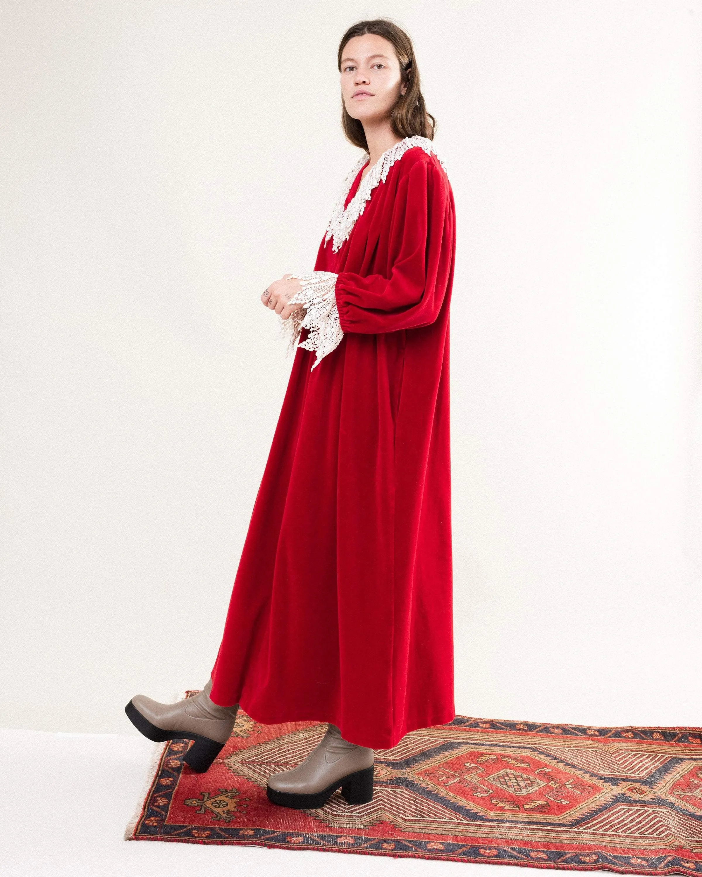 Vintage Cherry Red Velour Maxi Kaftan Dress (S-L)