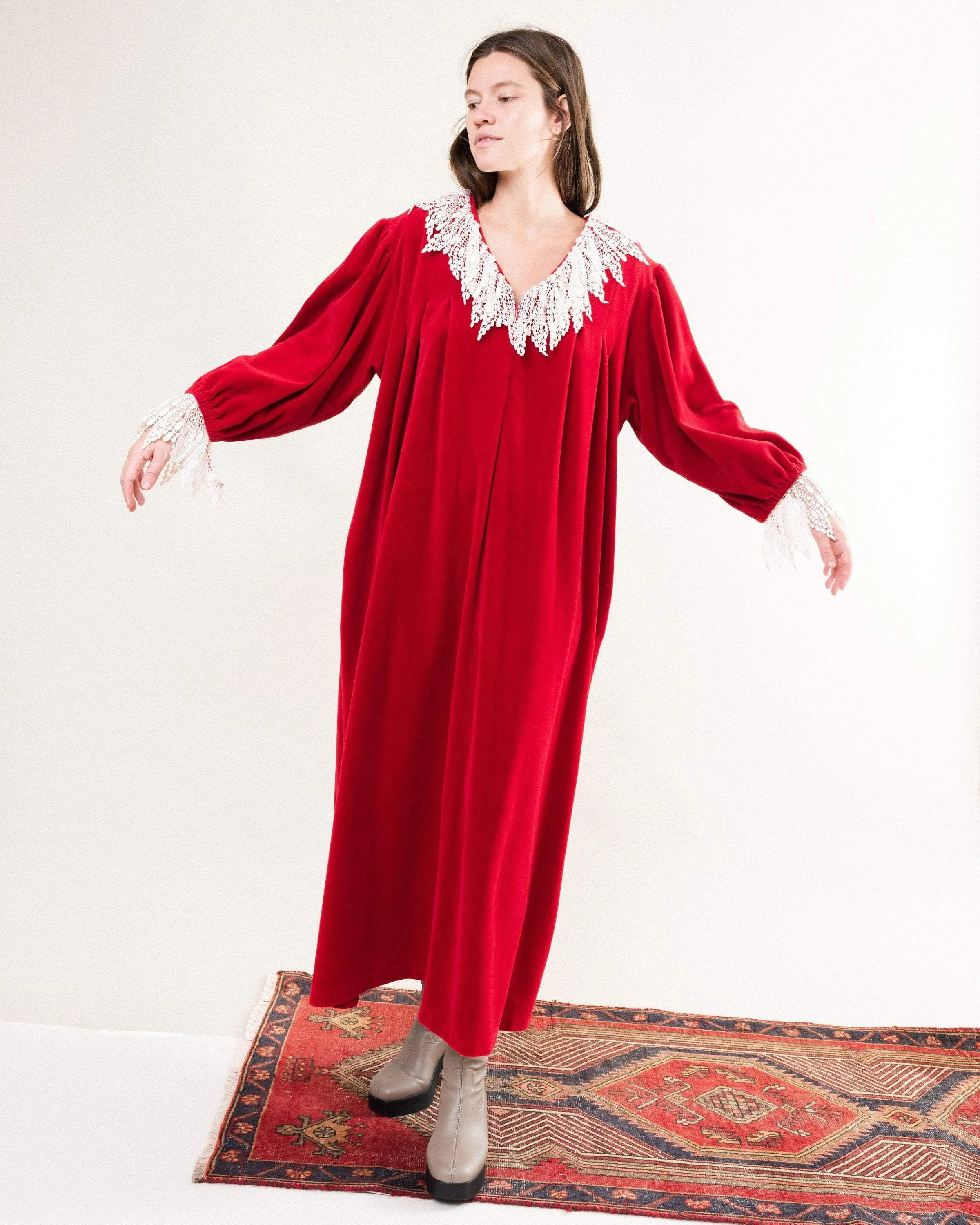 Vintage Cherry Red Velour Maxi Kaftan Dress (S-L)