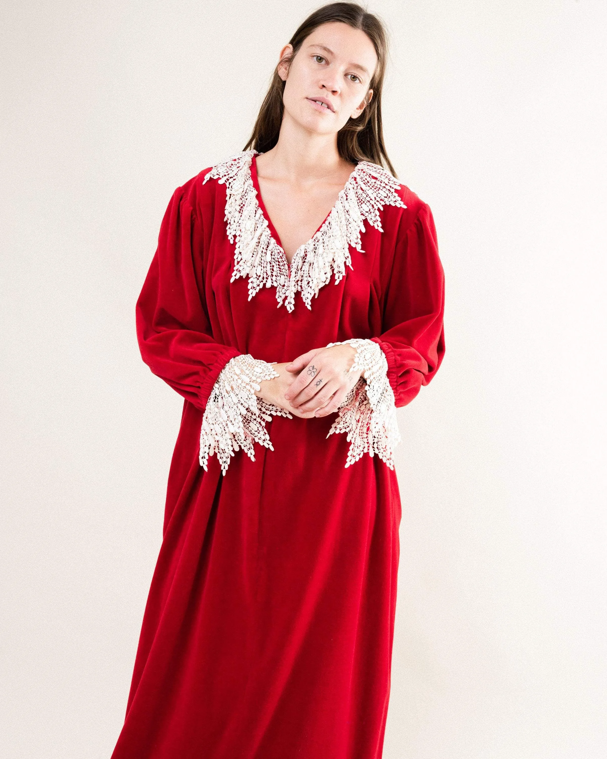 Vintage Cherry Red Velour Maxi Kaftan Dress (S-L)