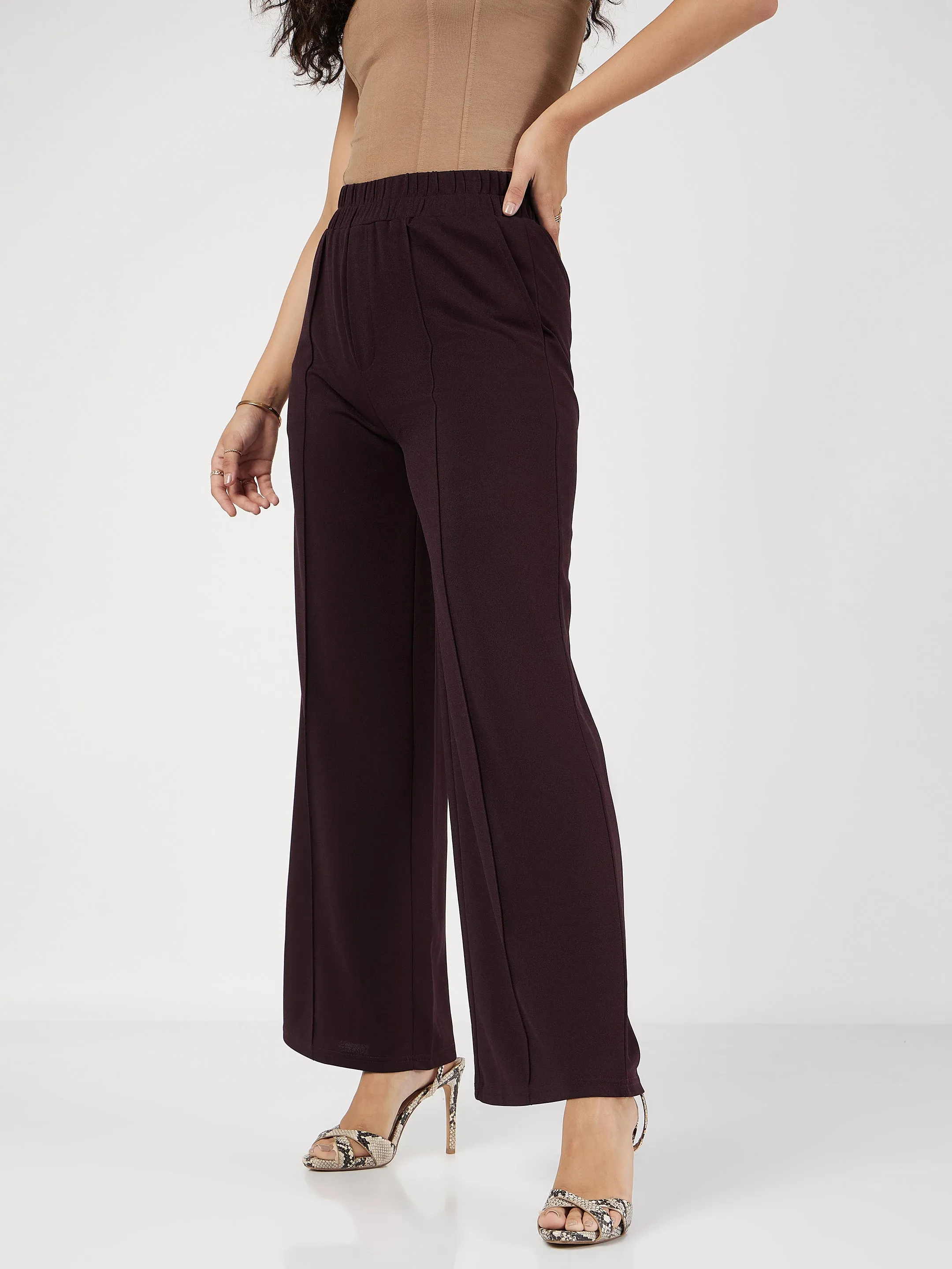 Women Burgundy Front Dart Palazzo Pants