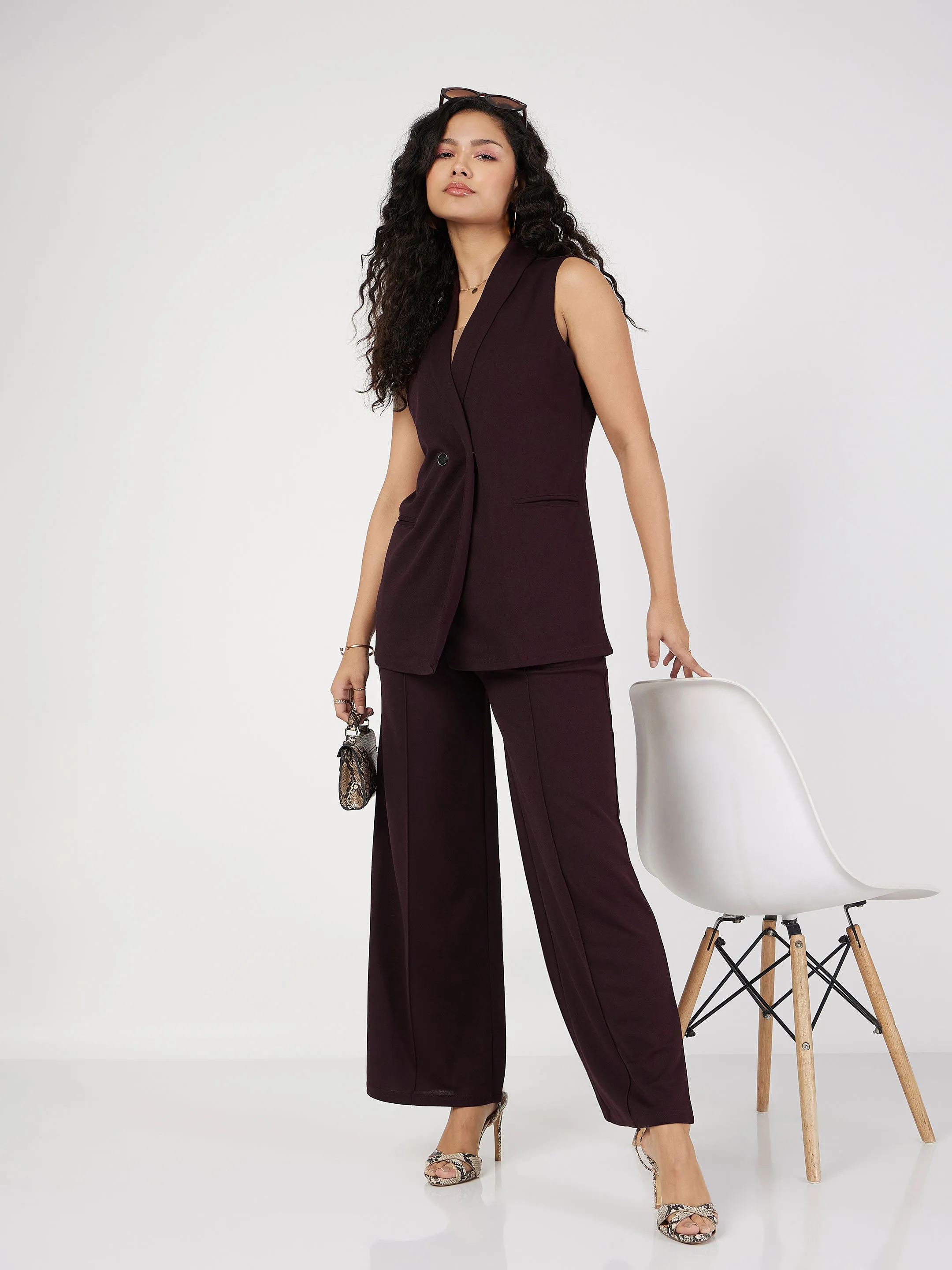 Women Burgundy Front Dart Palazzo Pants